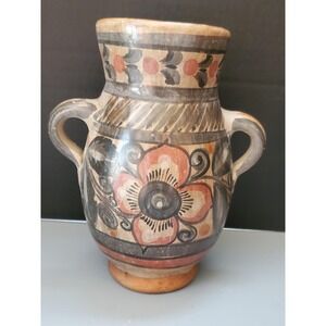 Vintage Mexico Pottery Vase Floral Design Hand Painted Folk Art Decor